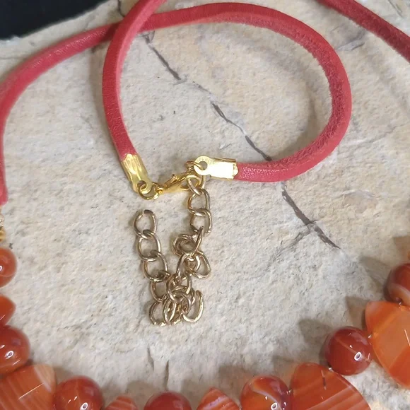 Custom made Natural Carnelian Agate Necklace and Bracelet, real leather